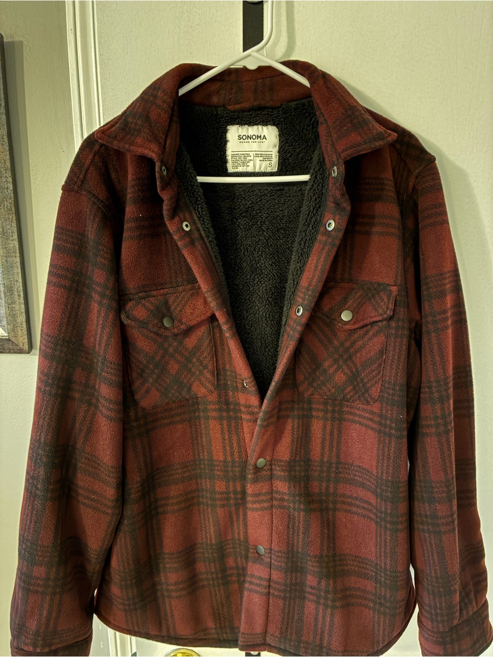 Sonoma Dark Red Plaid Sherpa-Lined Shirt Jacket